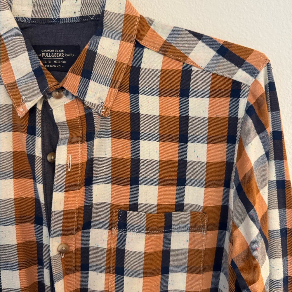 Men's orange, blue, tan speckled Plaid Shirt